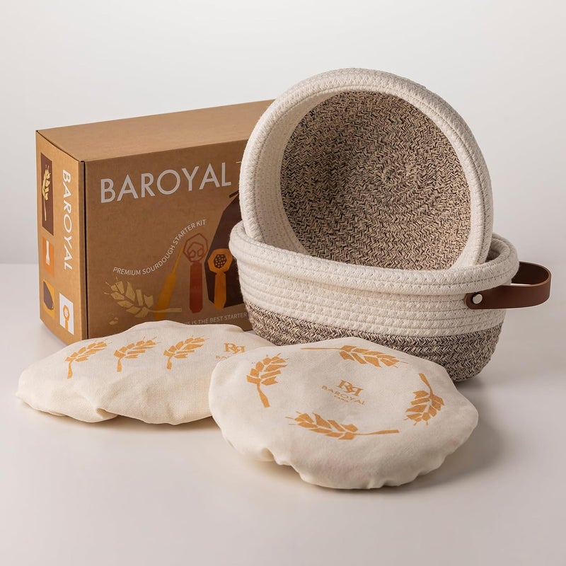 BARoyal Crispier Crust Cotton Rope Banneton Bread Proofing Basket Set, Oval & Round Bread Baskets with Liners & Covers for Artisan Bread Baking, Sourdough Bread Baking Supplies(White-Mixed Brown) - Image 1